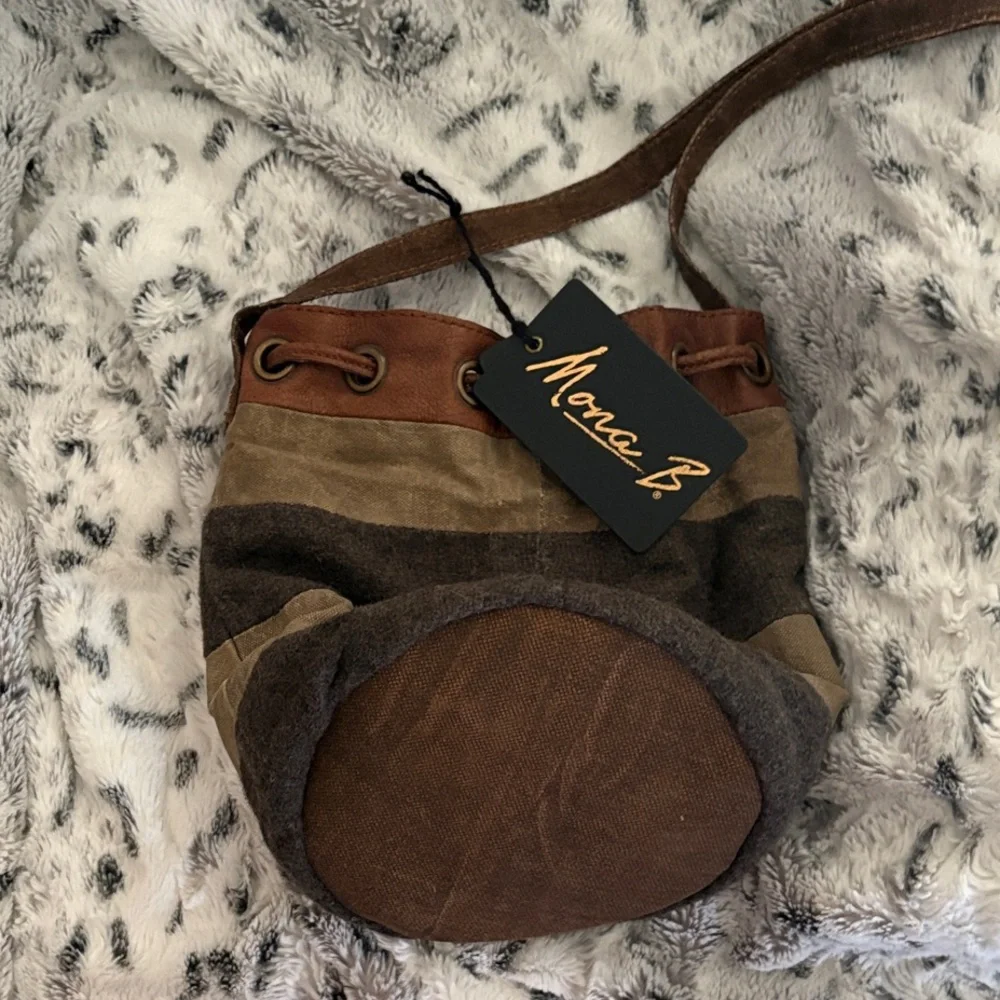 Mona B Brown and Tan Striped Suede Drawstring Messenger Bag